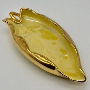 22K Gold Ceramic Leaf Dish Iridescent Yellow Interior Signed "22K Warranted USA"